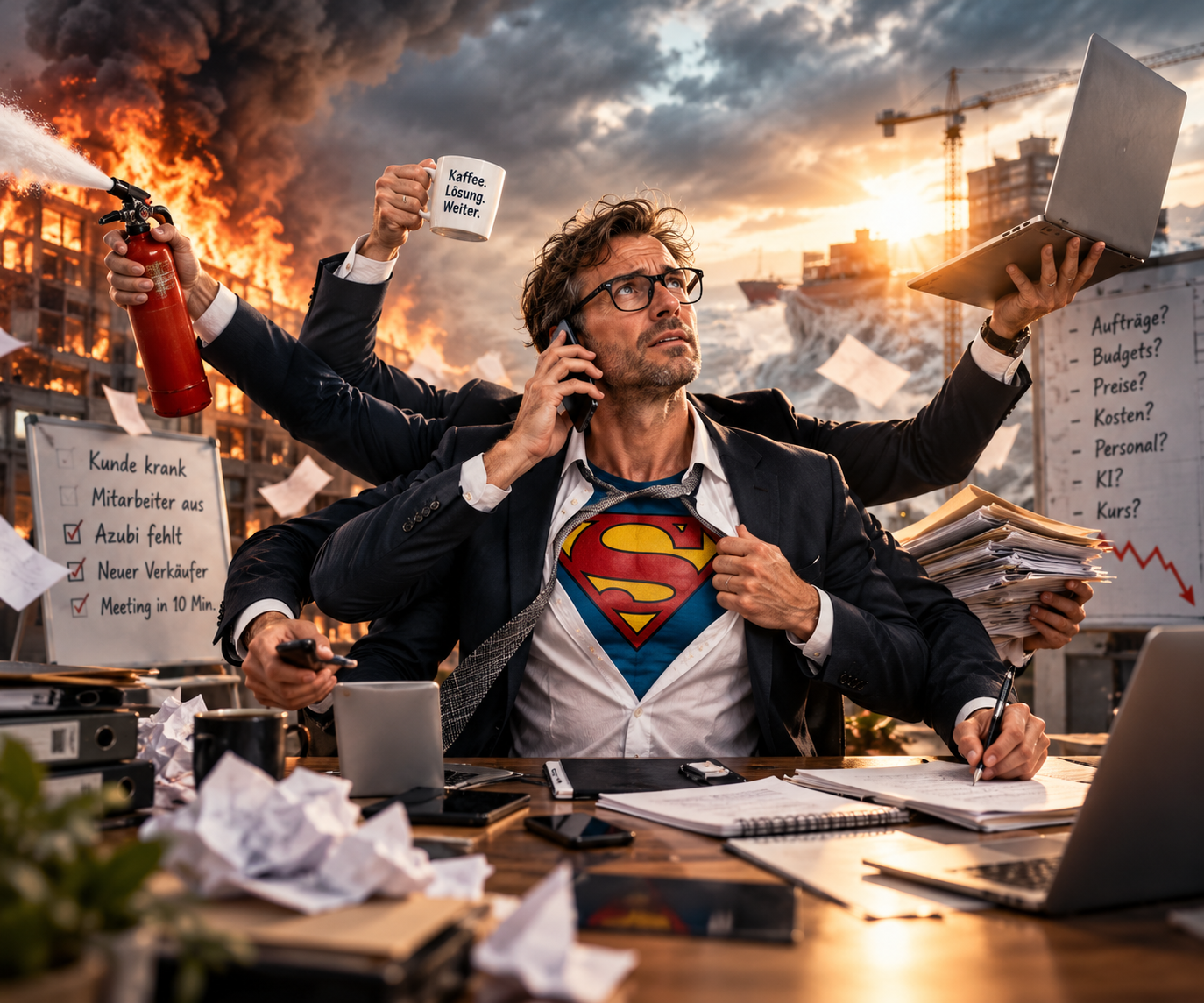 Überforderter Business-Superheld mit Superman-Symbol zwischen Telefon, Laptop und Akten im Krisenchaos